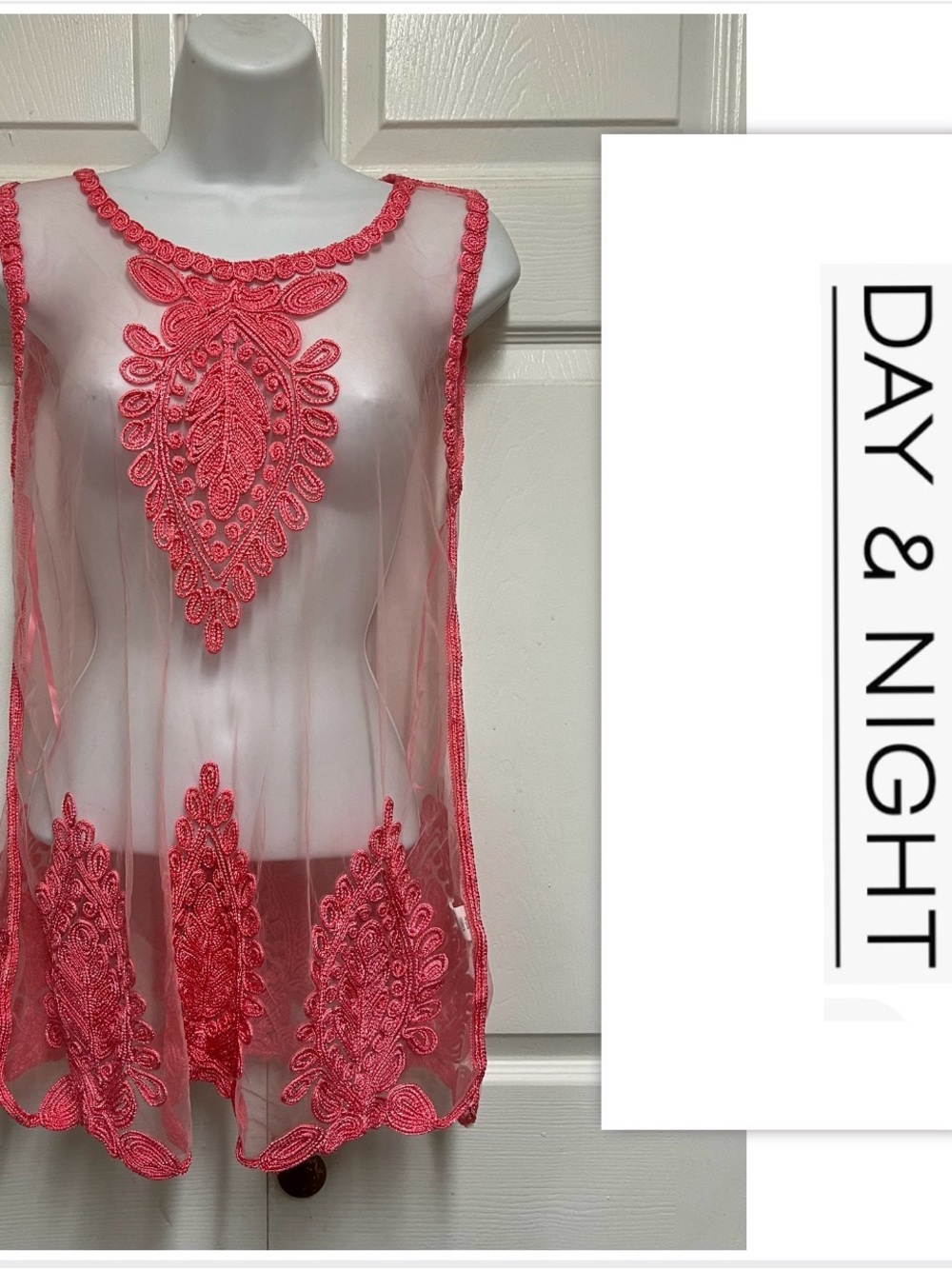 Day & Night Pink Coral Sheer Embroidered Top